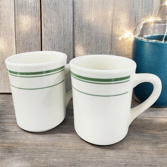 TUXTON 9oz Ceramic Restaurant Grade Diner Coffee Cup Mug Green Stripes Set 3 VTG - Picture 11 of 16